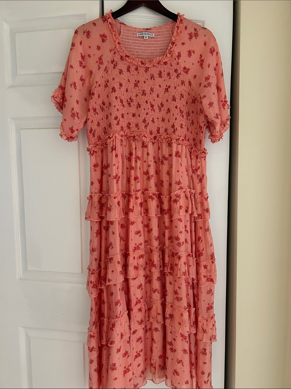 Love Olive CO XL Coral Pink Floral Ruffle Tiered Dress